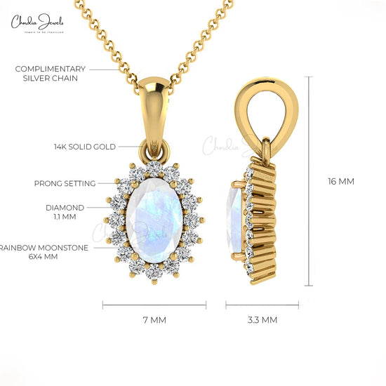 Natural Rainbow Moonstone Halo Pendant 14k Real Gold Diamond Handmade Pendant 6x4mm Oval Gemstone Jewelry For Women's