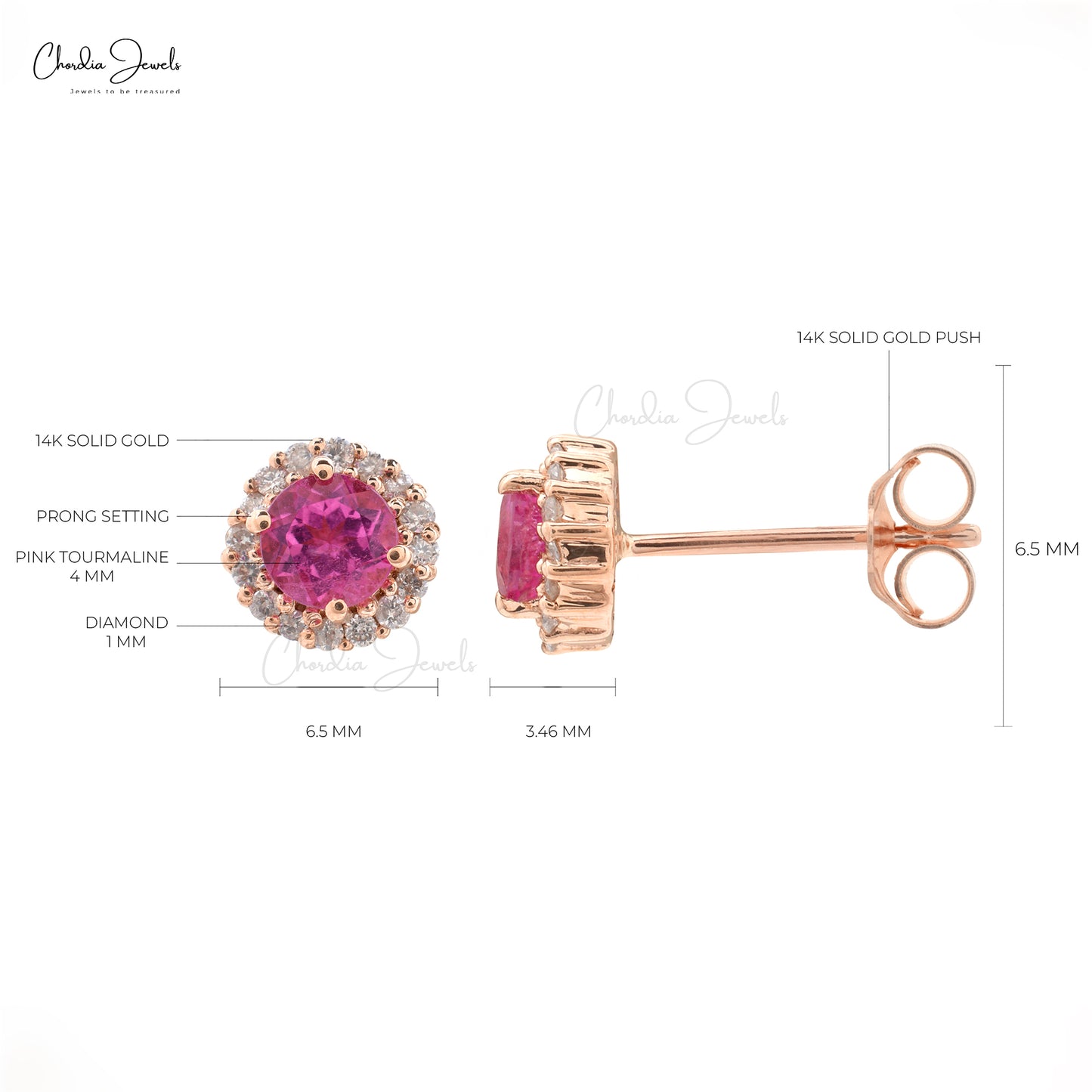 Genuine Pink Tourmaline 4mm Round Cut Gemstone Stud Earrings 14k Solid Rose Gold White Diamond Earrings For Women's