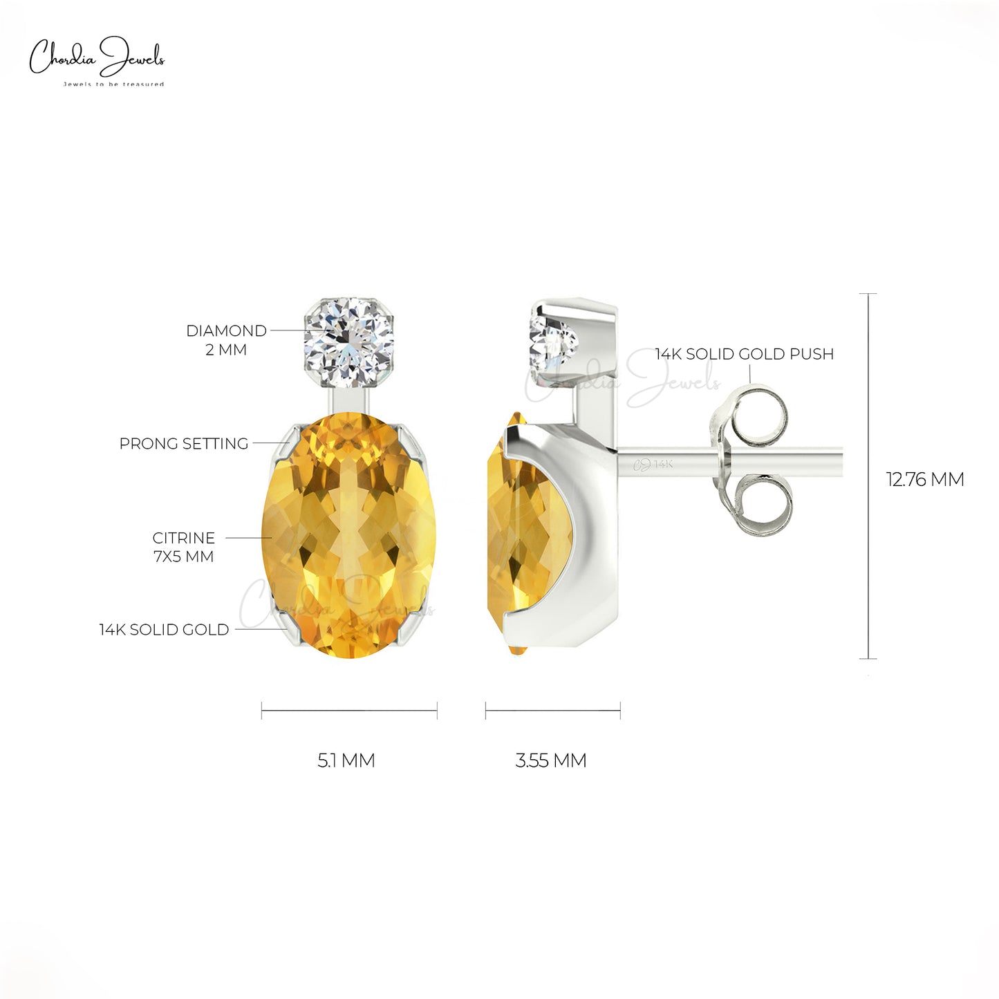 Yellow Citrine Dainty Earrings 7x5mm Oval Gemstone Handmade Earrings Genuine 14k Real Gold Diamond Earrings For Graduation Gift