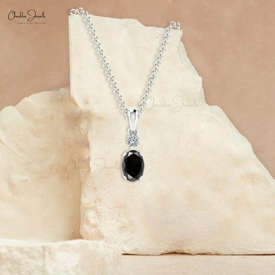 Real 14k Gold Genuine Black Diamond Pendant 0.47 Ct Oval Gemstone G-H Diamond Accented Pendant Personalized Gift For Women