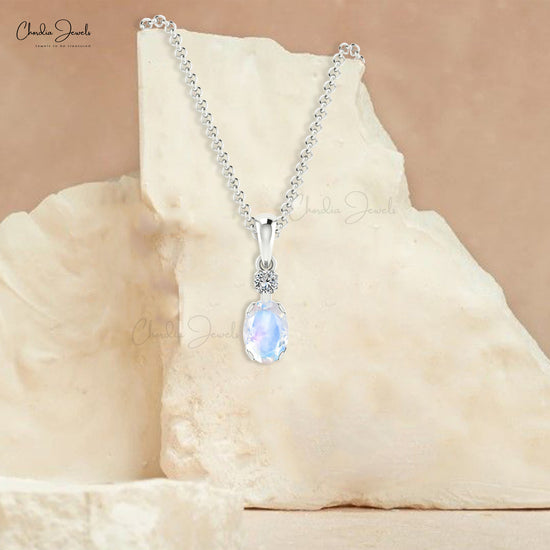 Natural Rainbow Moonstone Pendant 0.47Ct Oval Cut Gemstone Handmade Pendant 14k Real Gold Diamond Jewelry Personalized Gift For Her