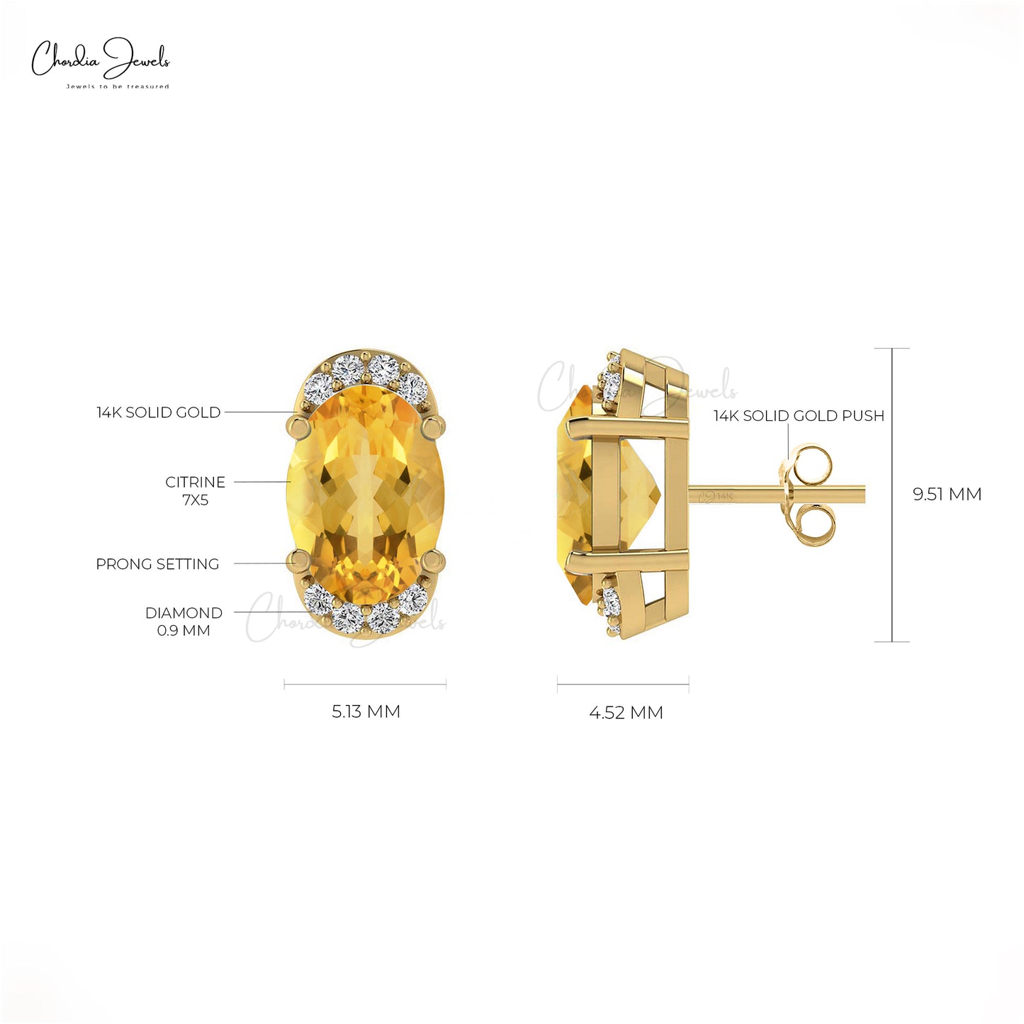 Genuine Citrine Pave Set Earrings 7x5mm Oval Gemstone Half Halo Studs 14k Real Gold Diamond Hallmarked Jewelry For Women's
