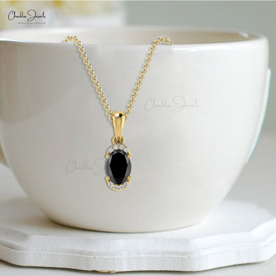 Natural Black Diamond Half Halo Pendant 7x5mm Oval Gemstone Art Deco Pendant 14k Real Gold Hallmarked Fine Jewelry For Easter Day