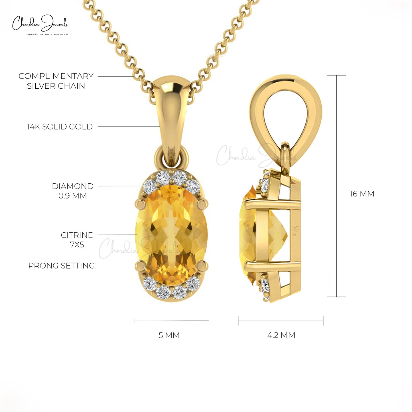 Elegant Citrine Half Halo Pendant 14k Real Gold Pave Set Diamond Pendant 7x5mm Natural Gemstone Minimalist Hallmarked Jewelry