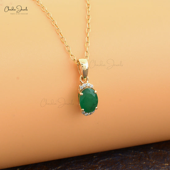 Half Halo Diamond 14k Yellow Gold Pendant Genuine Emerald Gemstone Light Weight Pendant