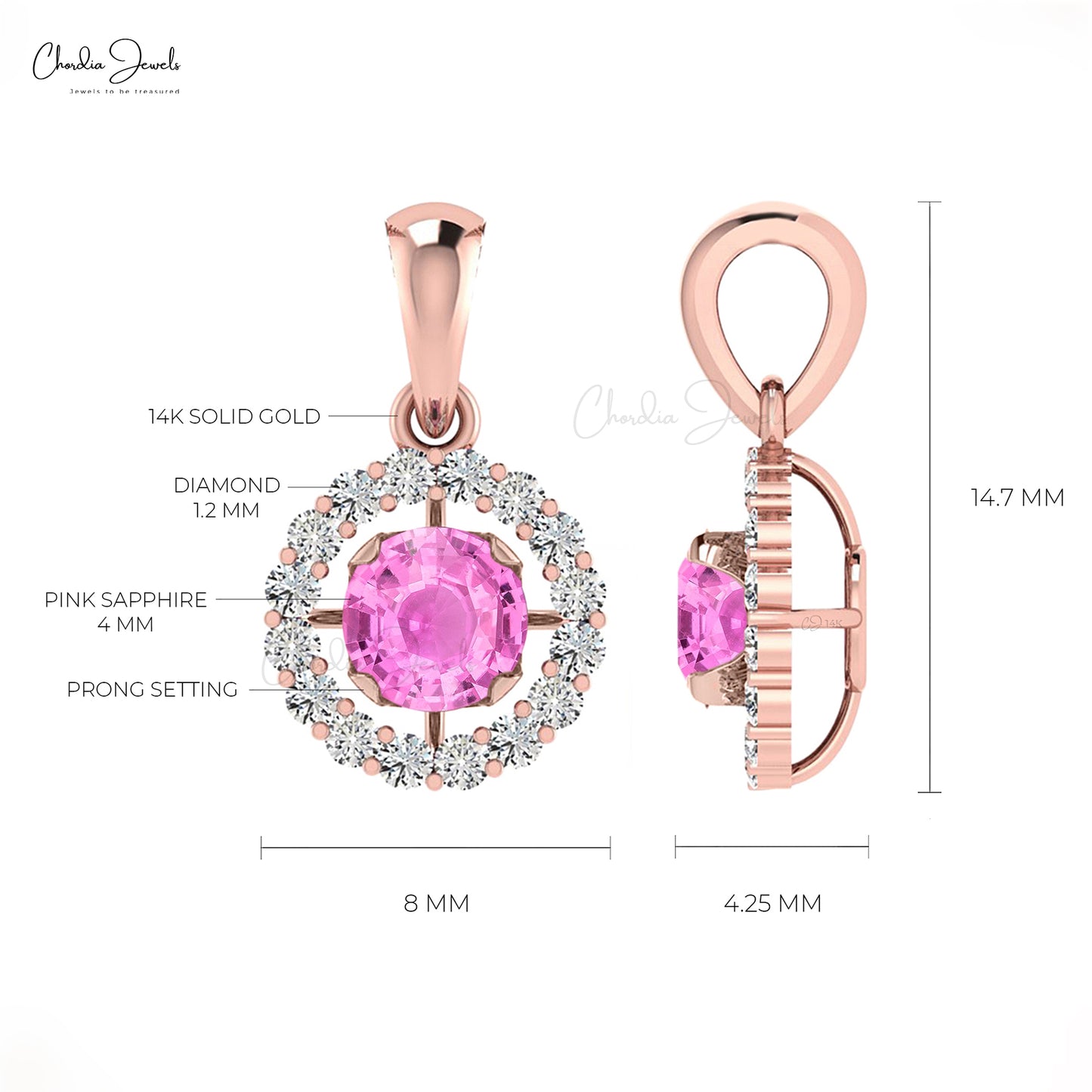 Natural Pink Sapphire Dainty Pendant 14k Real Gold Diamond Halo Pendant 4mm Brilliant Round Cut Gemstone Art Deco Fine Jewelry For Bridal
