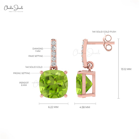 Natural Peridot Prong Set Earrings 1.42Ct Cushion Gemstone Dangling Earring 14k Real Gold Round Diamond Antique Style Jewelry For Bridal
