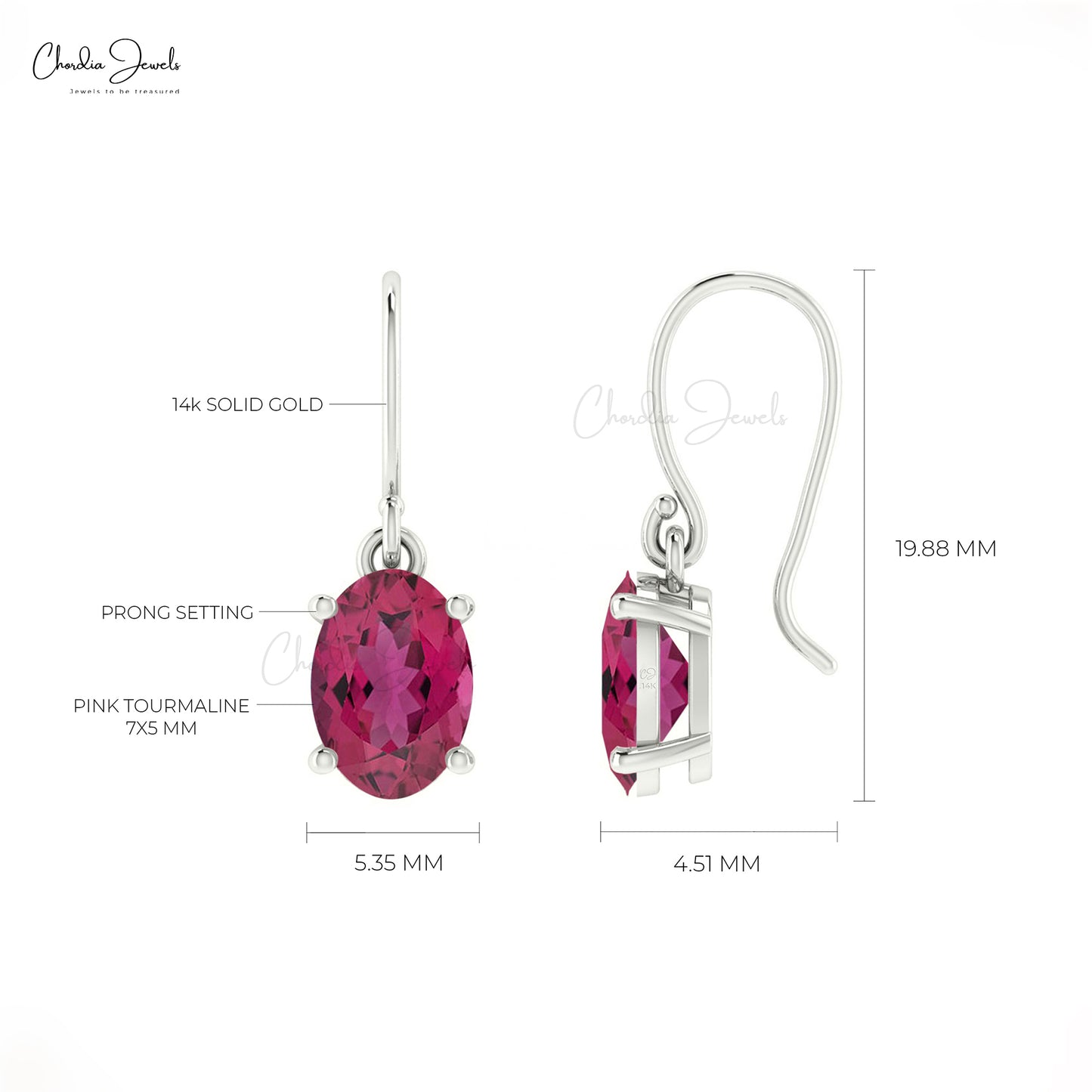 Natural Pink Tourmaline Dangle Earrings 14k Solid Gold White Diamond Fish Hook Earrings For Her