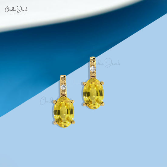 Delicate Yellow Sapphire Earrings 6x4mm Oval Gemstone Minimalist Earrings Genuine 14k Real Gold Diamond Accented Earrings For Fiance Gift