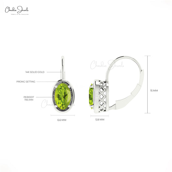 Real 14k Gold Natural Peridot Lever Back Earrings 7x5mm Oval Cut Gemstone Prong Set Handmade Earrings For Valentine's Day Gift