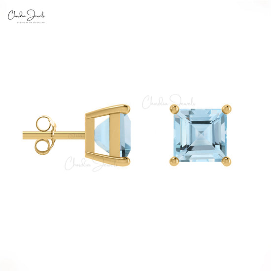 Natural 4mm Aquamarine Gemstone Square Studs 14k Solid Gold Solitaire Earrings For Women