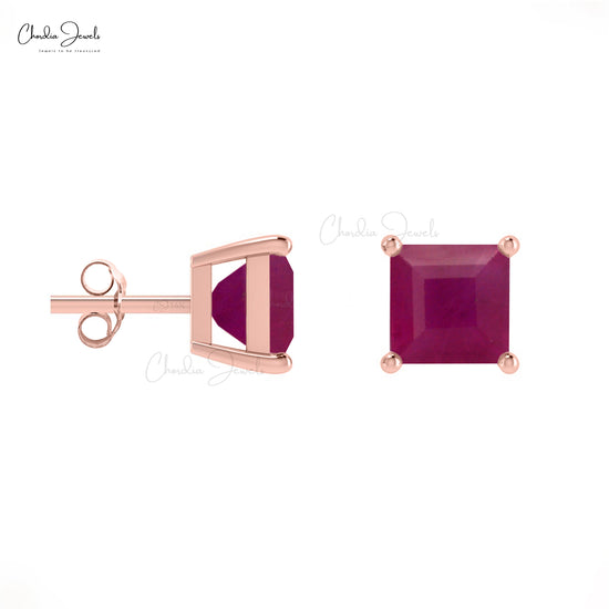 Square-Cut Ruby Studs in 14k Solid Gold July Birthstone Dainty Earrings For Women