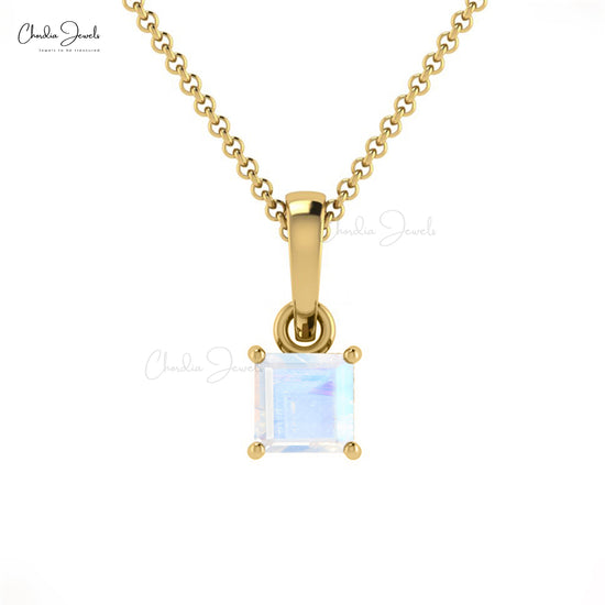 Natural Rainbow Moonstone Minimal Solitaire Pendant 4mm Square Gemstone Dainty Pendant 14k Real Gold Hallmarked Fine Jewelry For Halloween Gift
