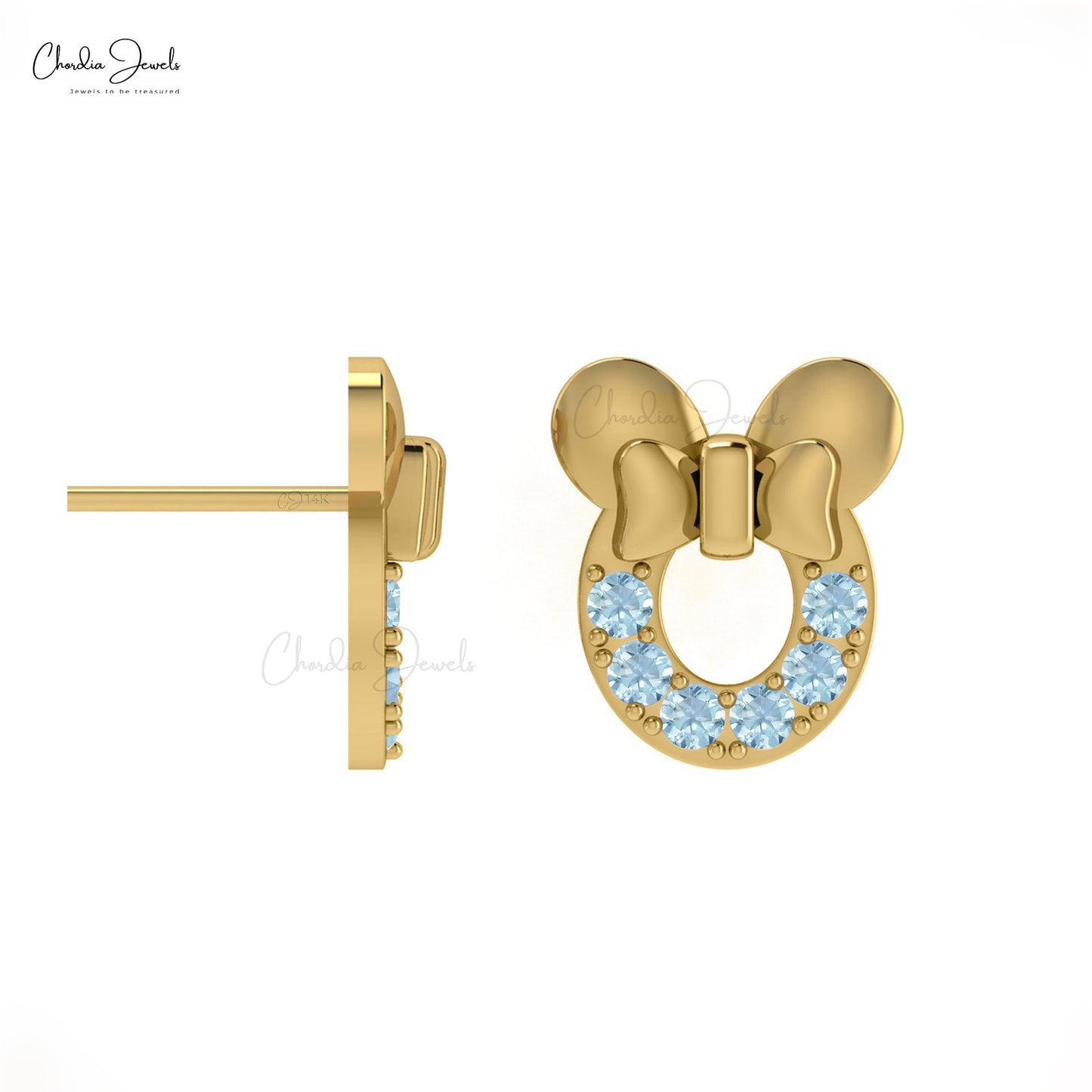 Solid 14k Gold Mickey Mouse Earrings with Genuine 2mm Aquamarine Dainty Earrings For Women