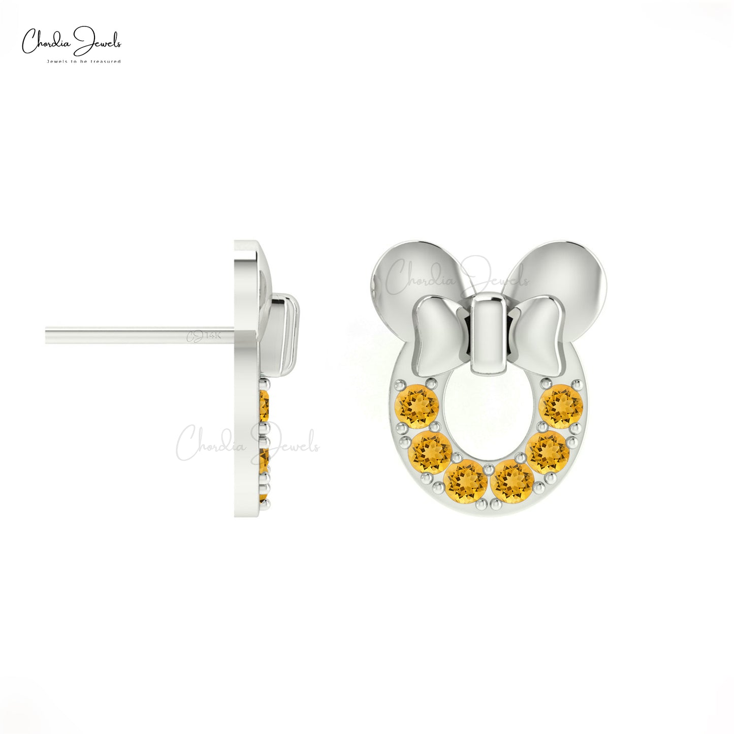 Elegant Disney Mickey Mouse Earrings with 2mm Citrine Gemstone in 14k Solid Gold For Girls