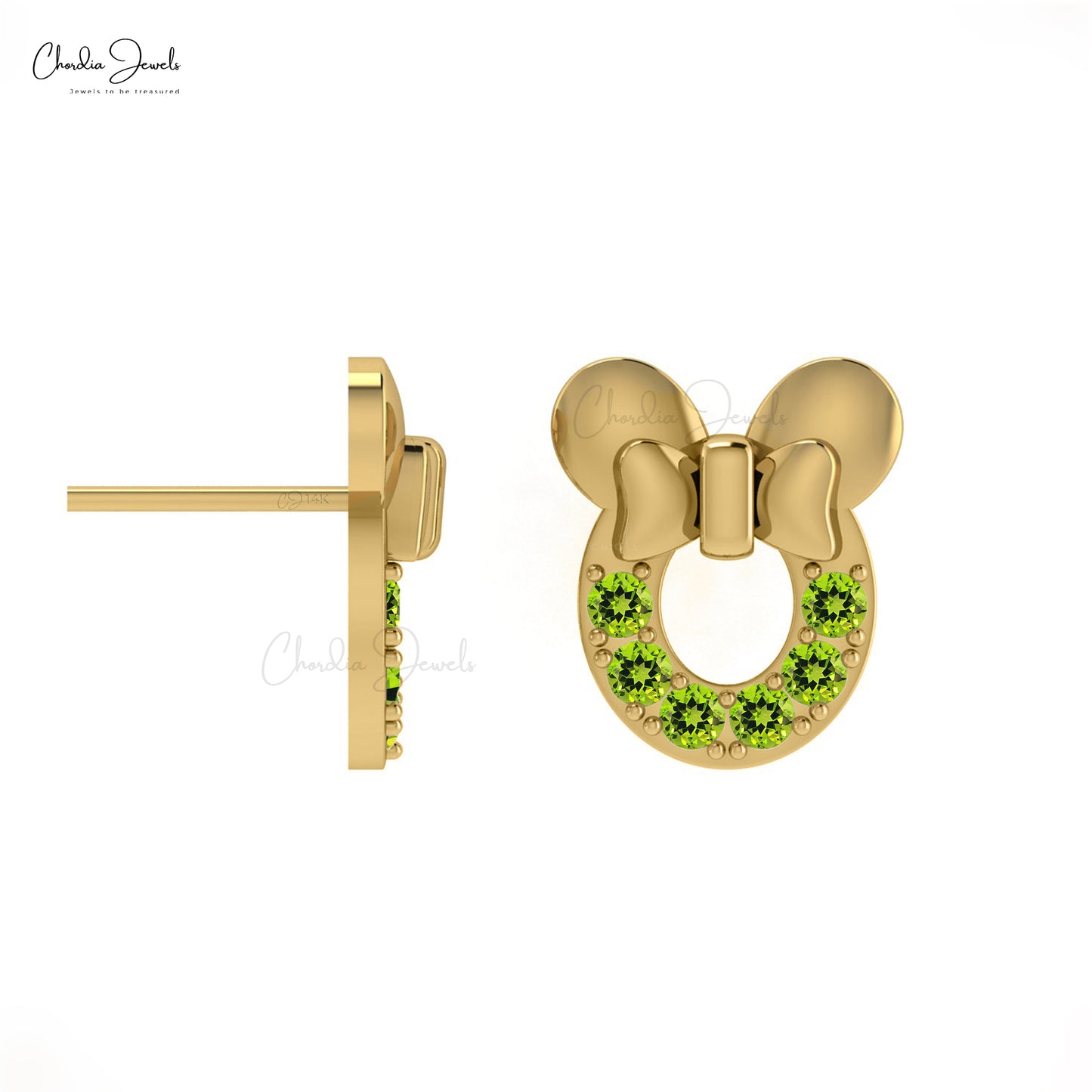 Real 14k Gold Disney Earrings Genuine Peridot Mickey Mouse Studs Earring For Birthday Gift