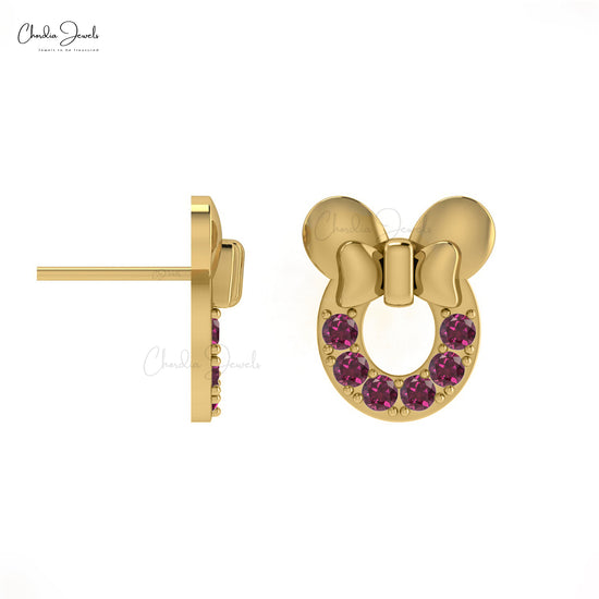 Authentic 2mm Rhodolite Garnet Mickey Mouse Earrings 14k Real Gold Handmade Jewelry For Her