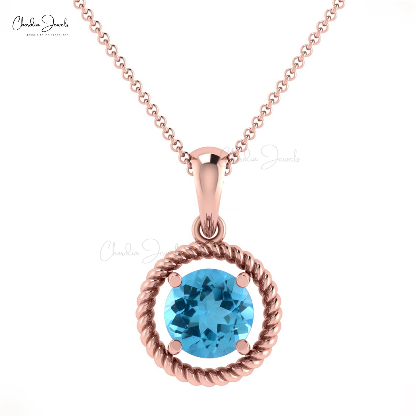 Genuine Swiss Blue Topaz Spiral Pendant 14K Hallmarked Gold Handcrafted Jewelry For Gift