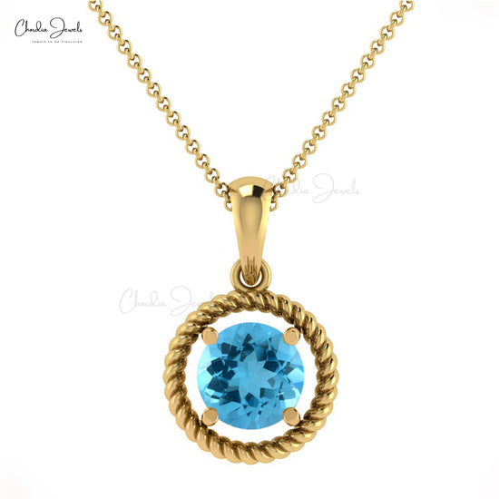 Genuine Swiss Blue Topaz Spiral Pendant 14K Hallmarked Gold Handcrafted Jewelry For Gift