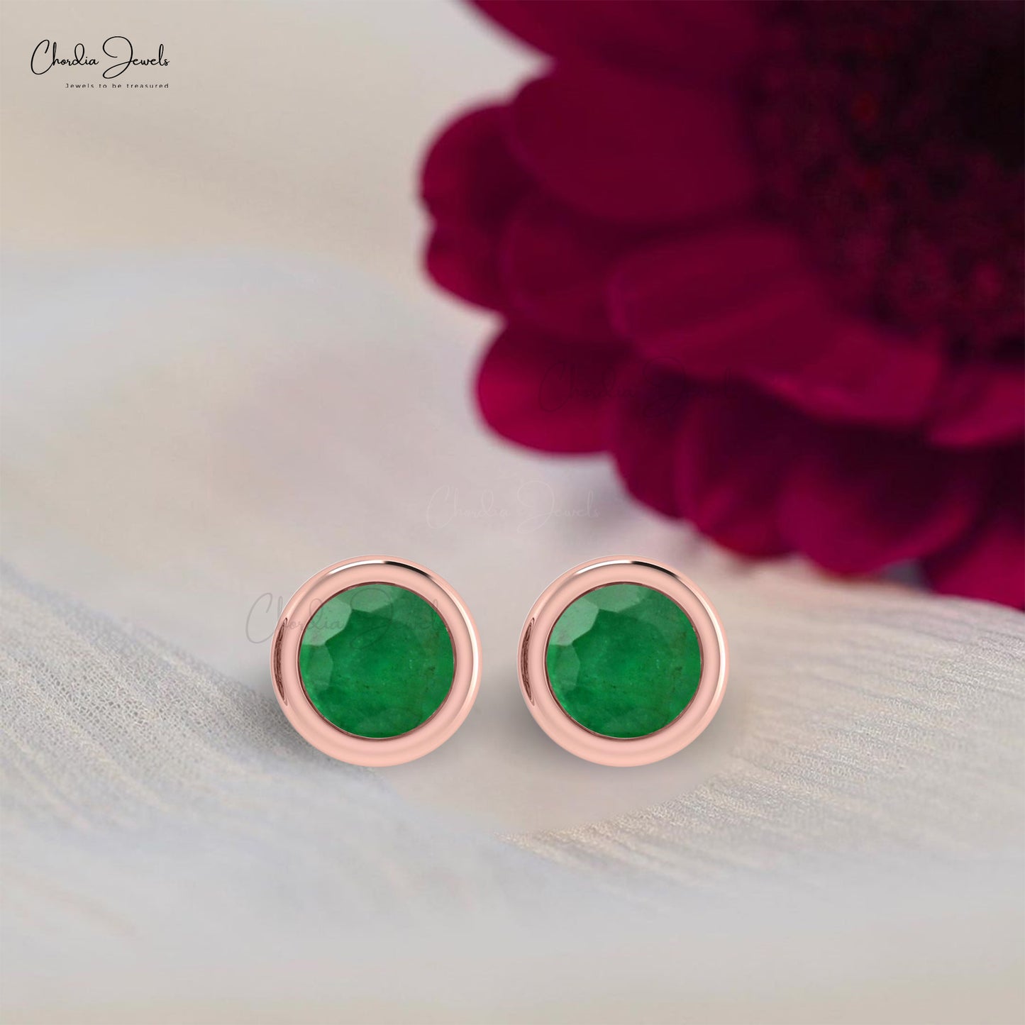 Solitaire Gemstone Stud In 14k Solid Rose Gold Emerald 5mm Round May Birthstone Earrings