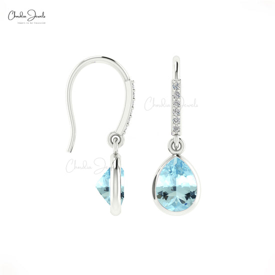 Natural 8x6mm Aquamarine and Diamond Dangle Earrings 14k Solid Gold Drop Earring For Gift