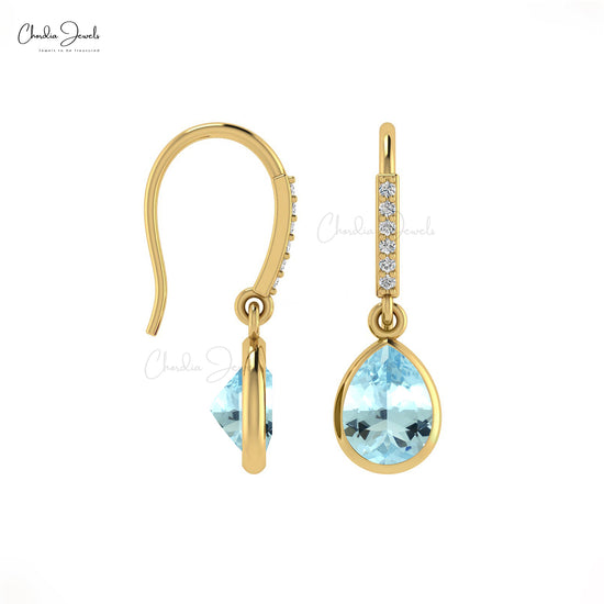 Natural 8x6mm Aquamarine and Diamond Dangle Earrings 14k Solid Gold Drop Earring For Gift