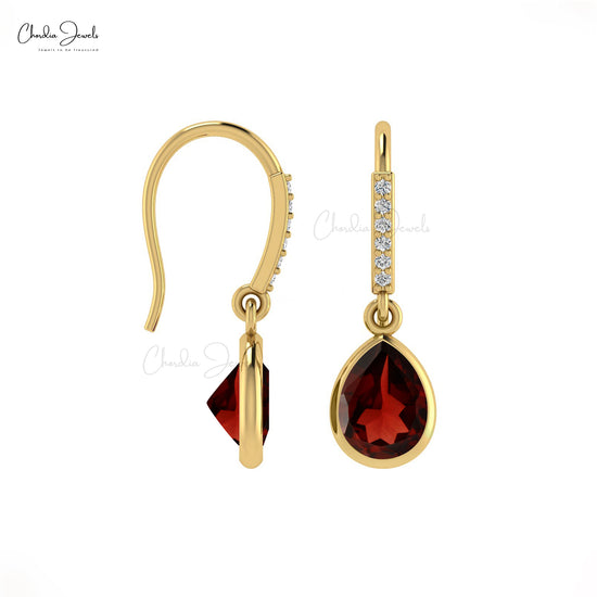 Natural Garnet & Diamonds Accent Dangle Earrings 14k Real Gold Drop Earring For Love