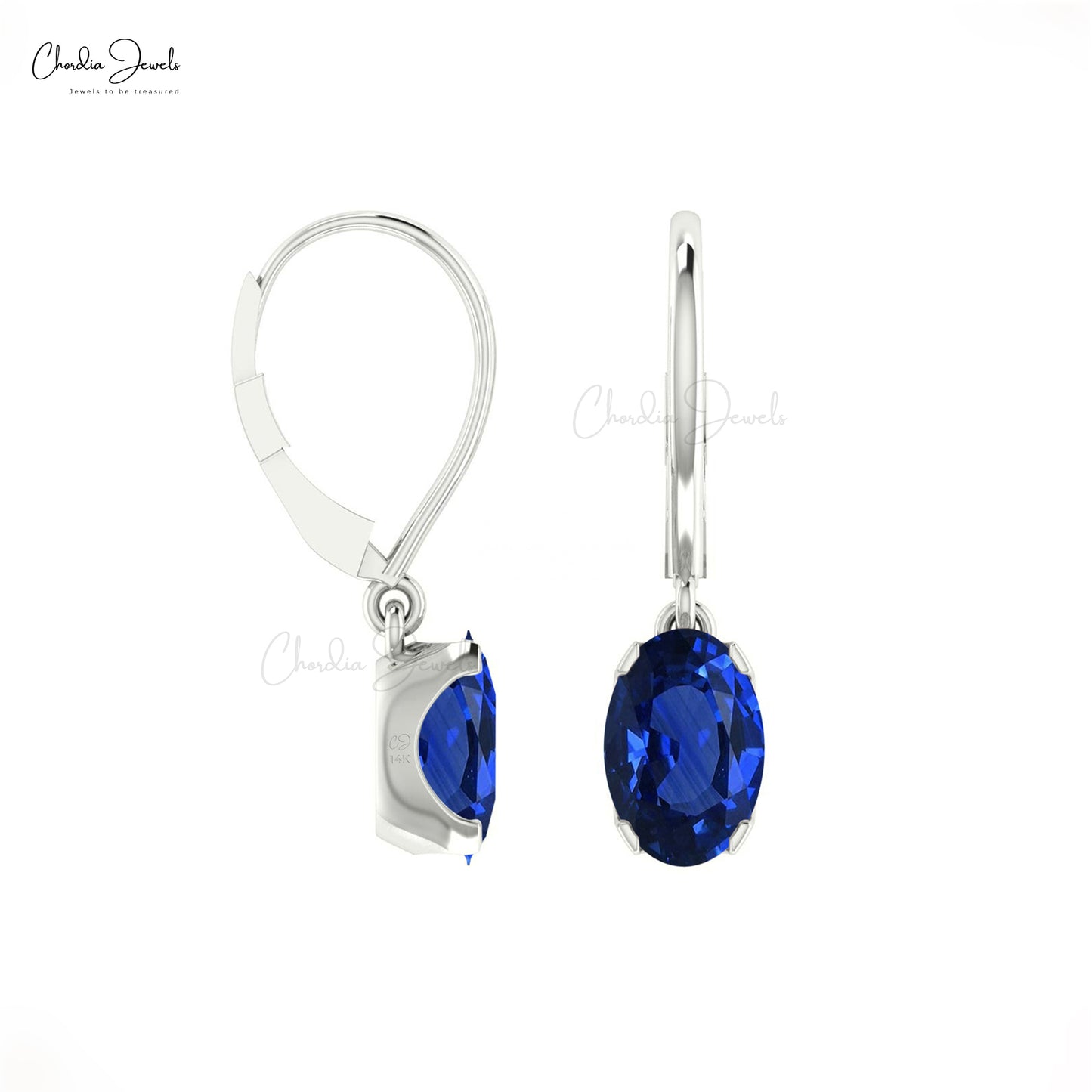 Genuine 6x4mm Blue Sapphire Dangle Earrings in 14k Solid Gold For Valentine's Day Gift