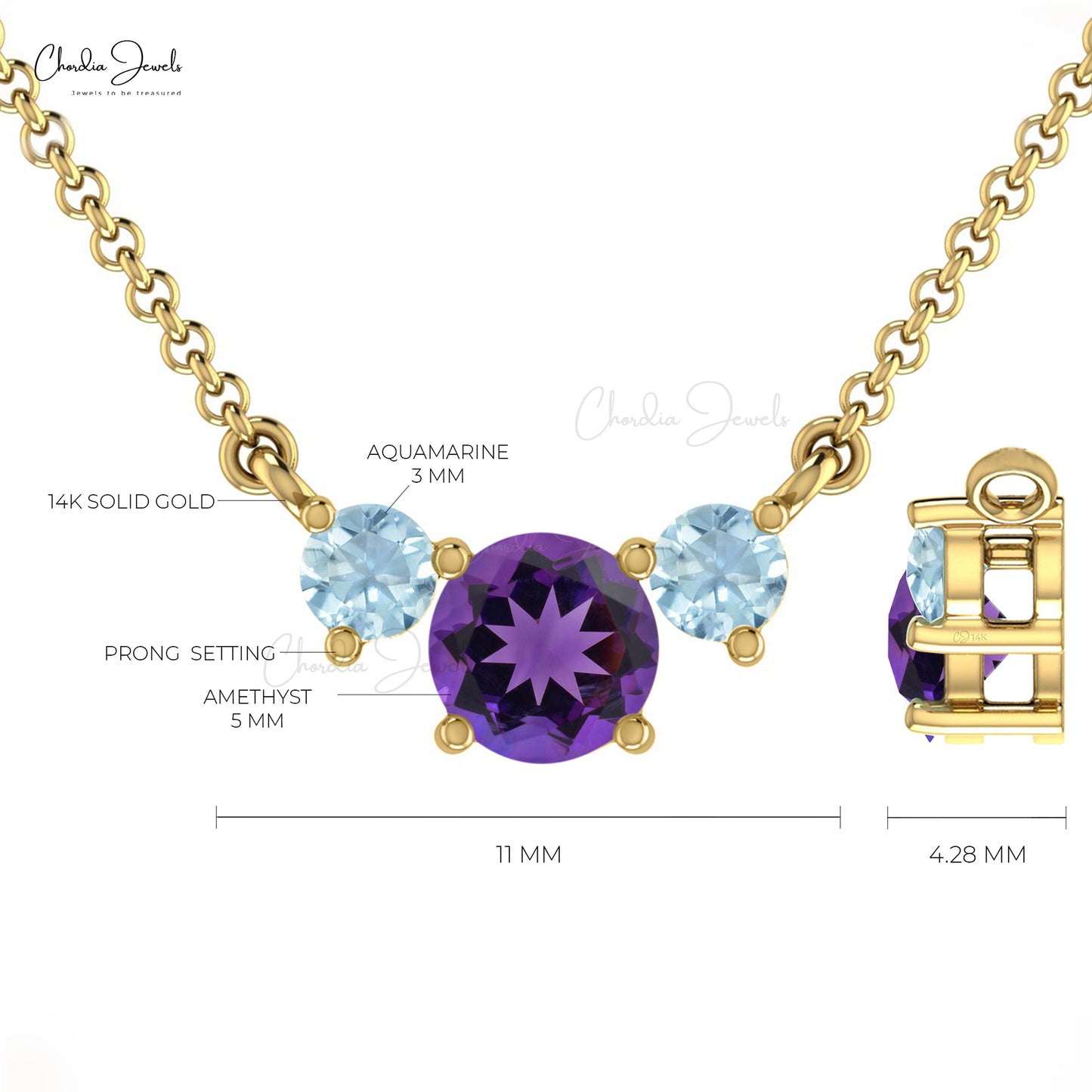 Three-Stone Necklace In Hallmarked 14k Gold Genuine Round Amethyst & Aquamarine Necklace For Women