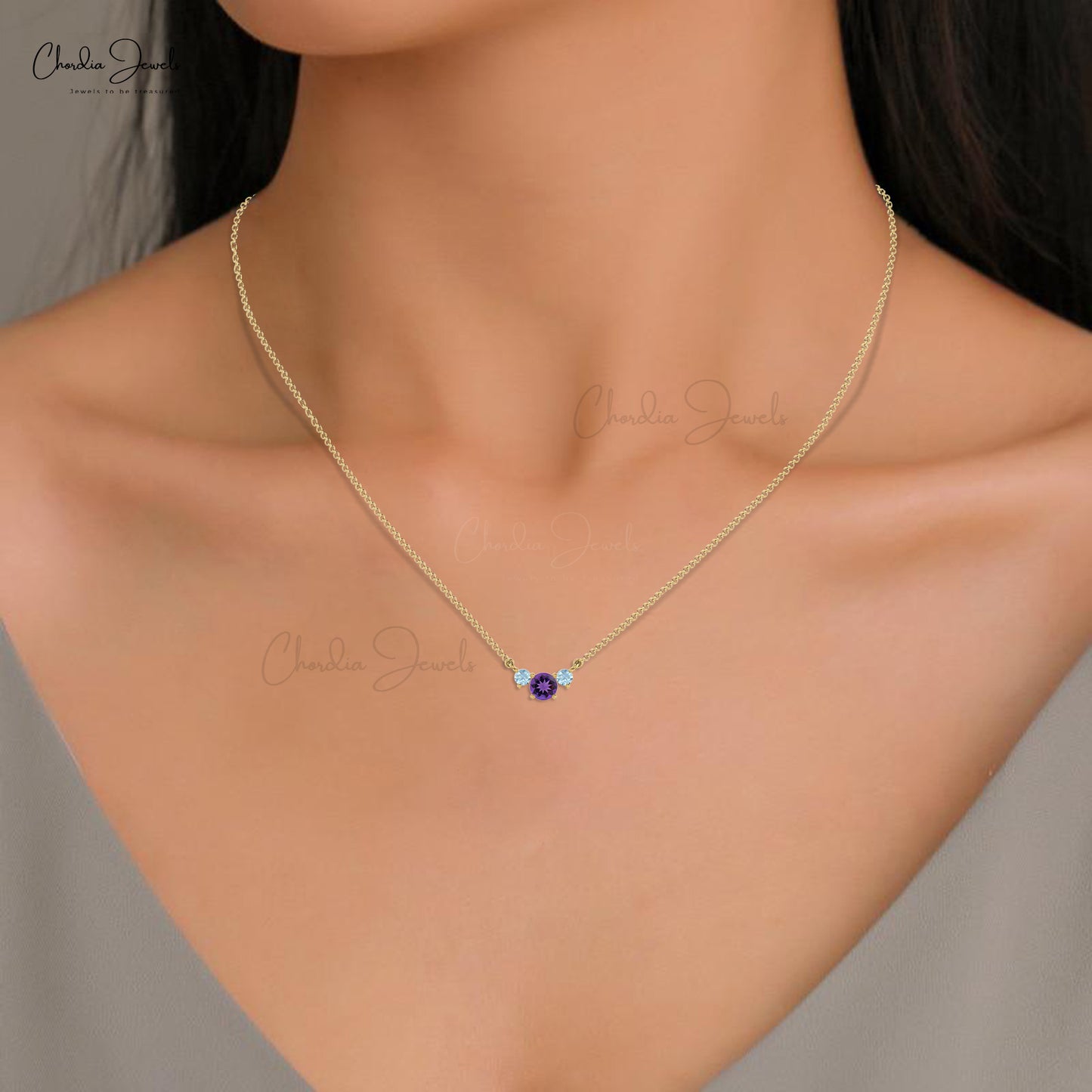 Three-Stone Necklace In Hallmarked 14k Gold Genuine Round Amethyst & Aquamarine Necklace For Women