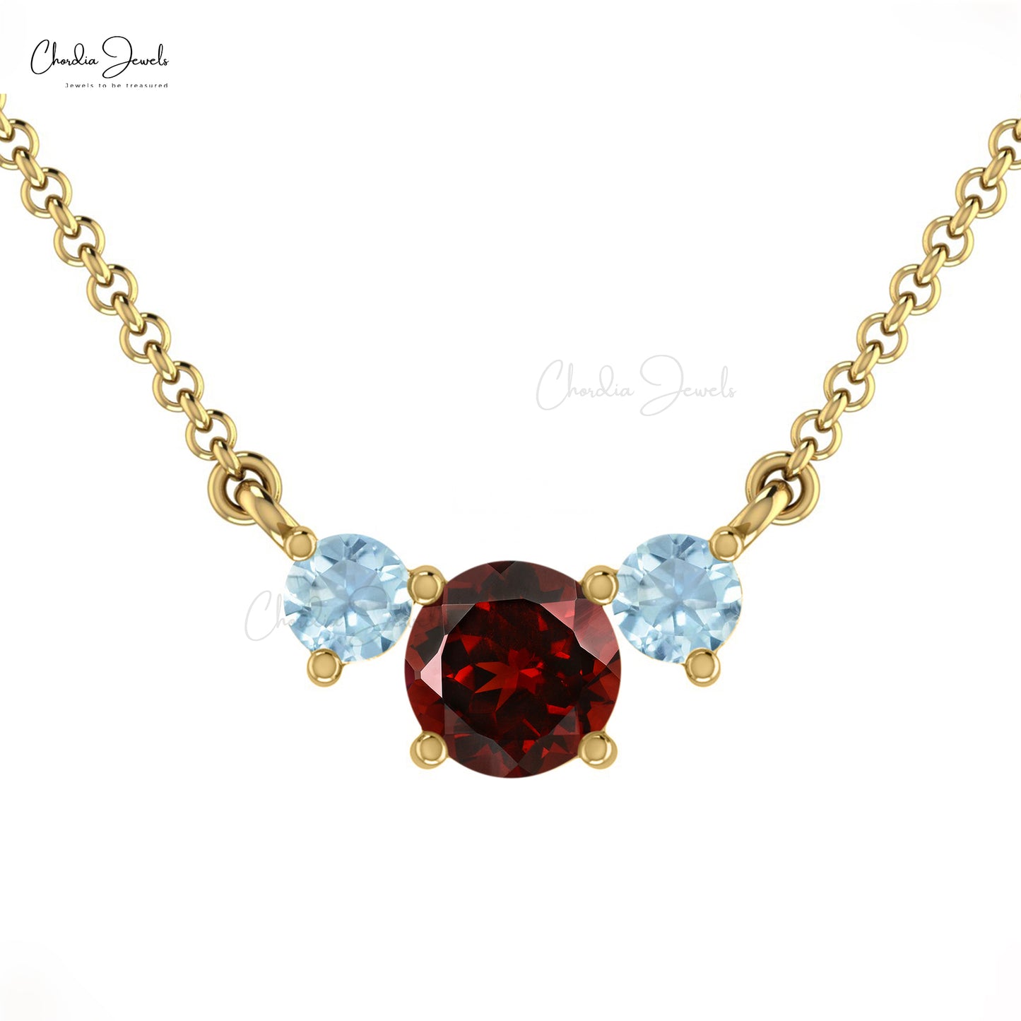 Lavaliere Necklace With Aquamarine & Garnet Gemstone 14k Real Gold 3-Stone Statement Necklace