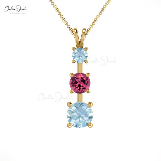 AAA Pink Tourmaline & Aquamarine Pendant 4mm Natural Round Cut Gemstone Prong Set Trilogy Pendant 14k Real Gold Minimalist Jewelry