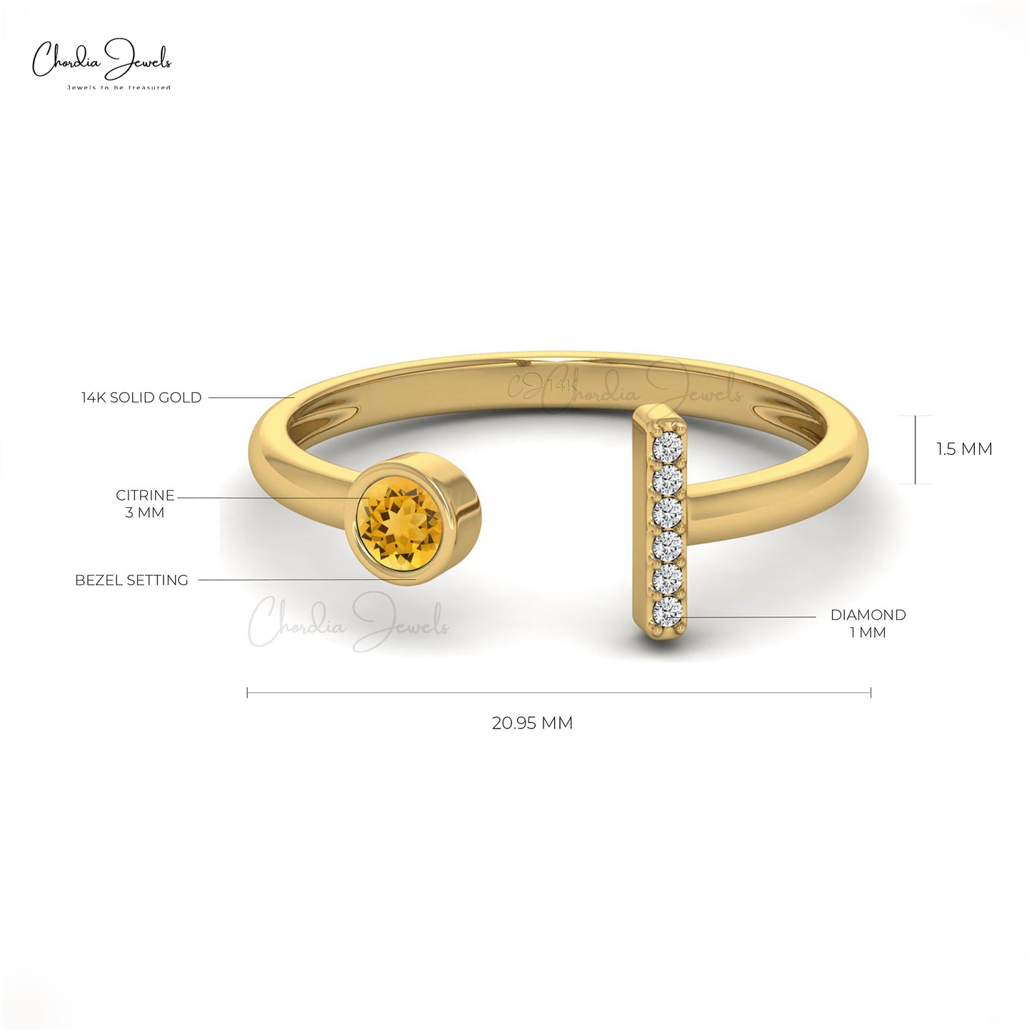 Open Cuff Natural Citrine Ring 14k Solid Gold Diamond Handmade Ring For Her 3mm Round Gemstone Minimalist Promise Ring