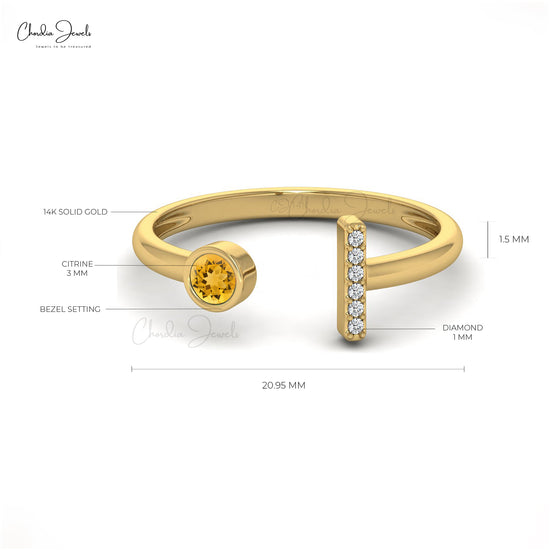 Open Cuff Natural Citrine Ring 14k Solid Gold Diamond Handmade Ring For Her 3mm Round Gemstone Minimalist Promise Ring