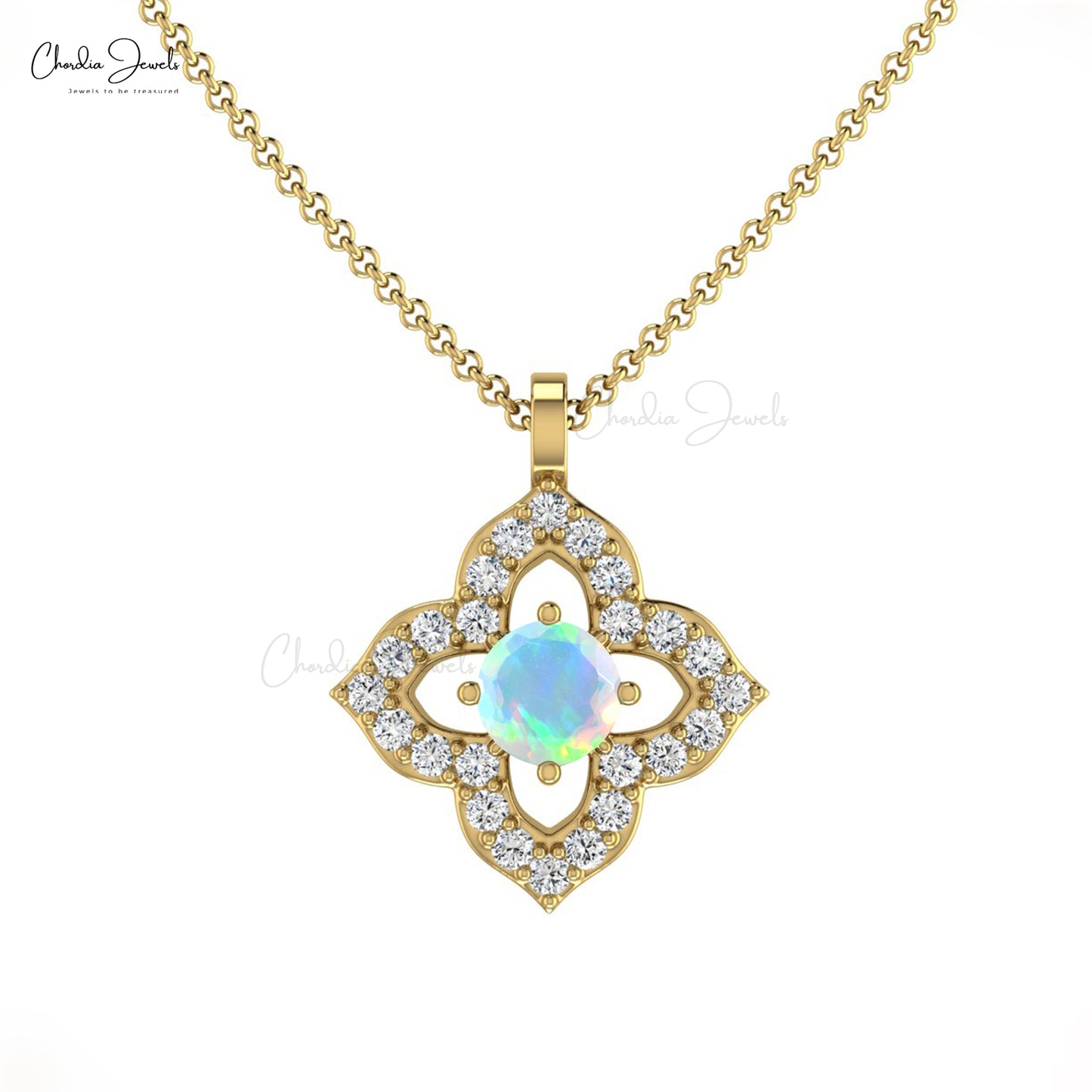 Genuine White Diamond & Opal 0.17CT Round Cut Floral Pendant in 14k Solid Gold Women Jewelry