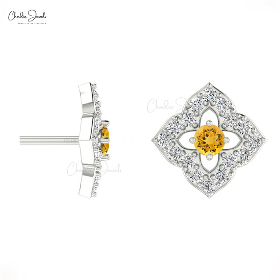 Genuine Floral Diamond Studs Earring 14k Real Gold 0.06ct Citrine Gemstone Small Earrings
