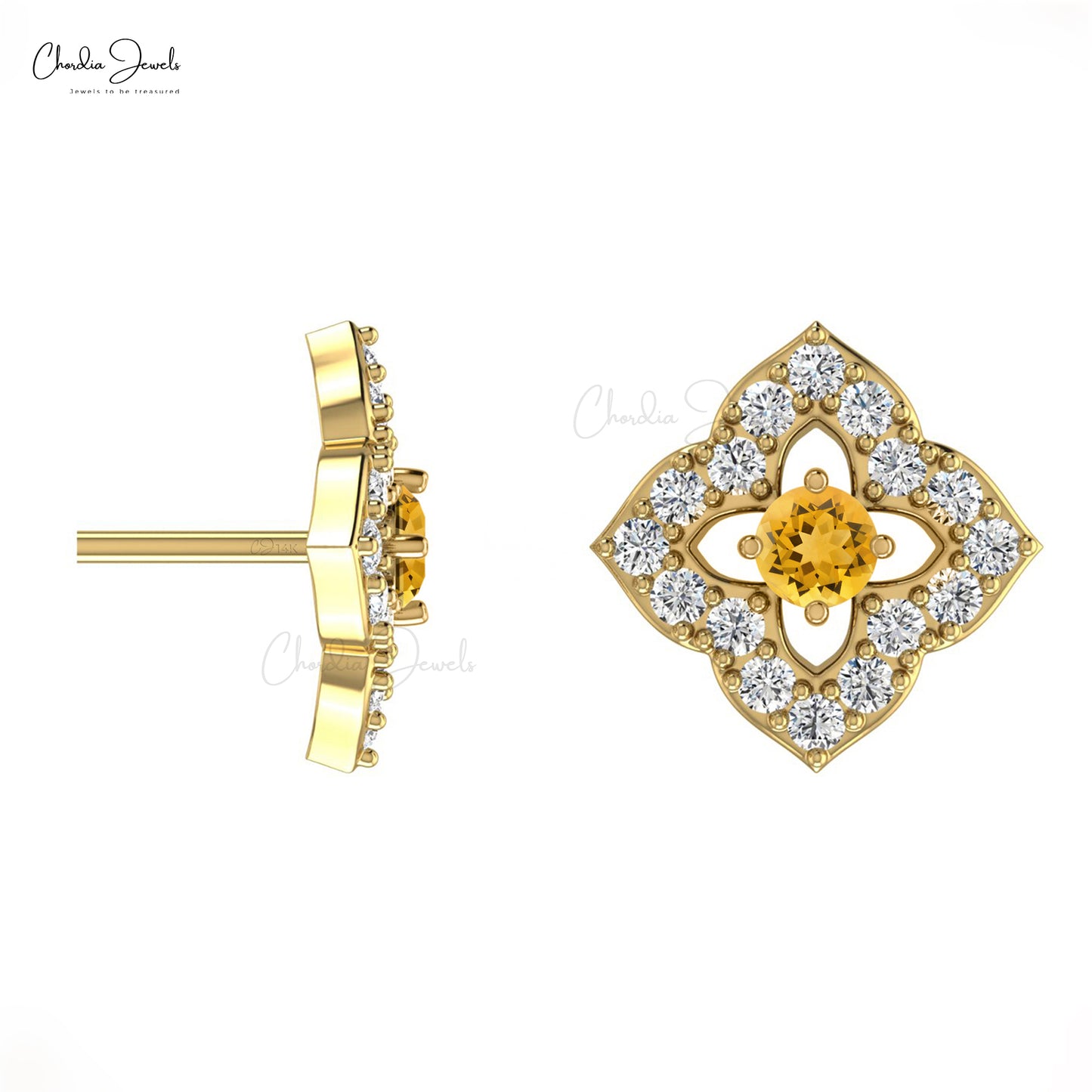 Genuine Floral Diamond Studs Earring 14k Real Gold 0.06ct Citrine Gemstone Small Earrings