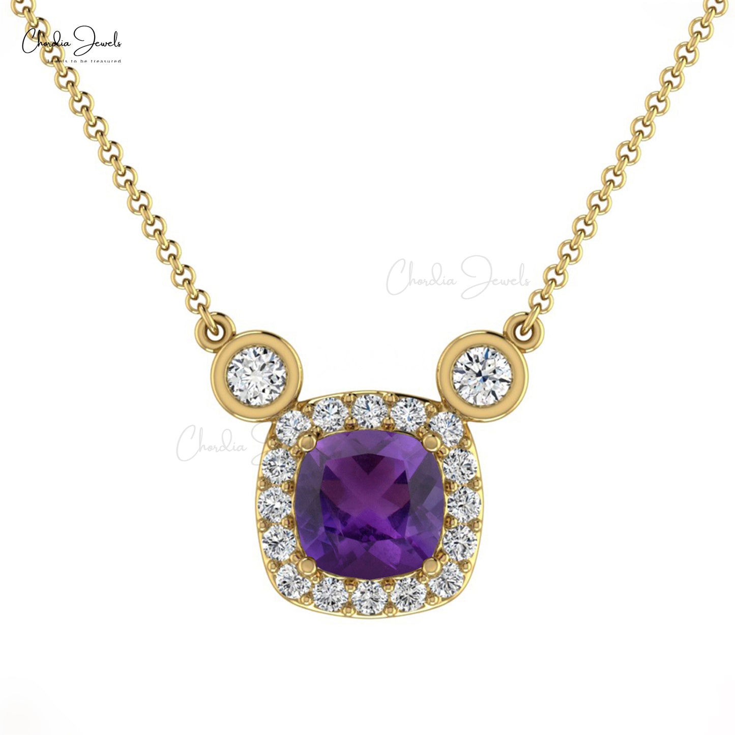 Prong Set Amethyst & Diamond Halo 14k Real Gold Necklace