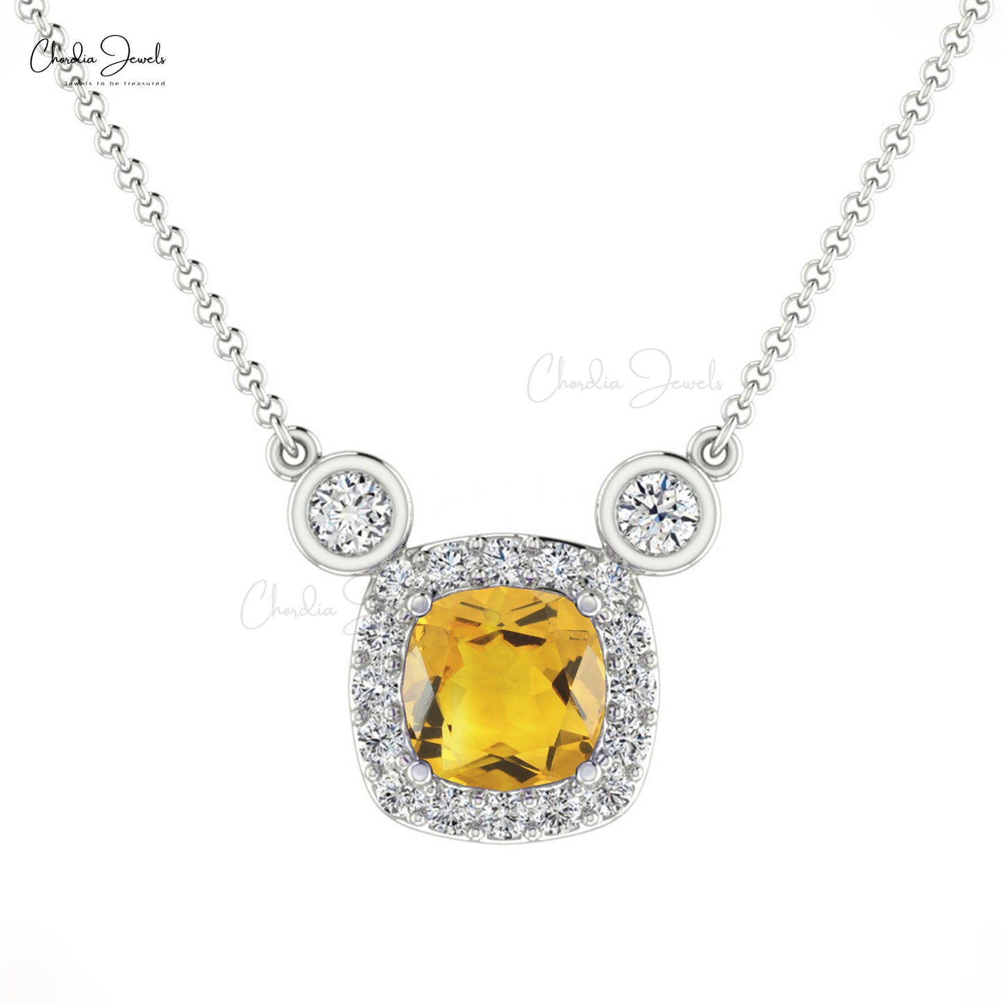 Natural Citrine Handmade Necklace 14k Solid Gold Diamond Necklace 4mm Cushion Cut Gemstone Halo Necklace For Women's