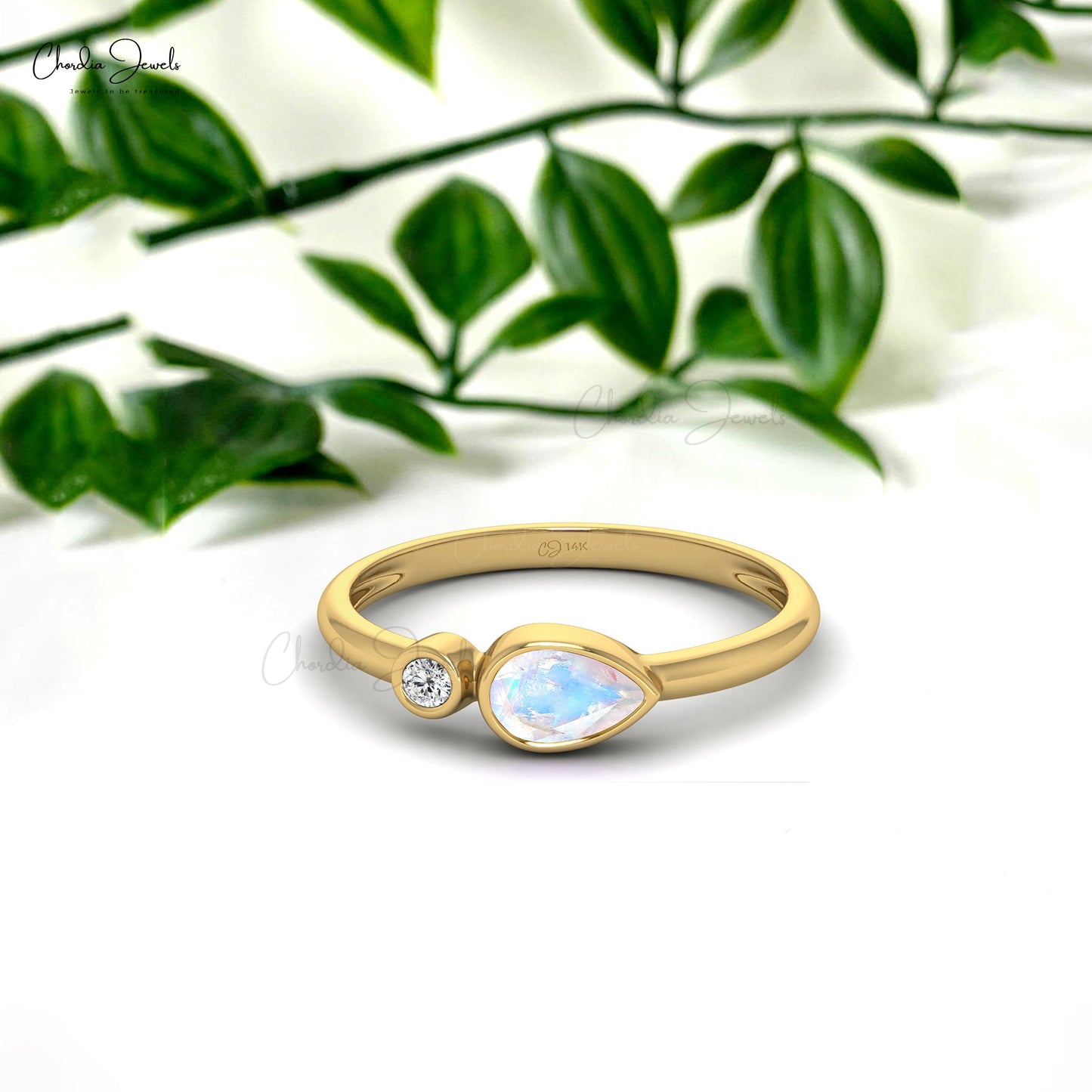 Rainbow Moonstone 14k Real Gold Diamond Ring 6x4mm Pear Cut Gemstone Engagement Ring Minimalist Jewelry For Women