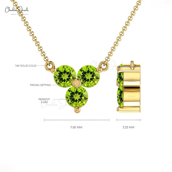 Prong Set Natural Peridot Necklace 14k Solid Gold Vintage Necklace For Her 3mm Round Cut Gemstone Necklace For Personalized Gift