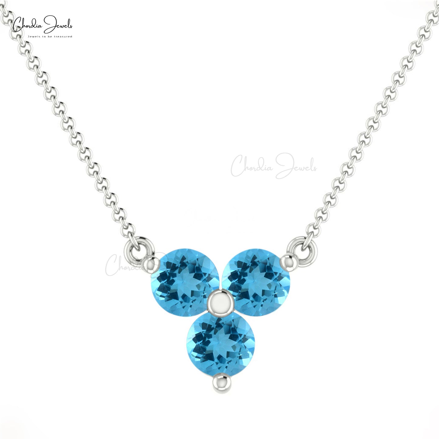 Round Swiss Blue Topaz Three Stone Necklace 14k Solid Gold Prong Set Dainty Necklace For Her
