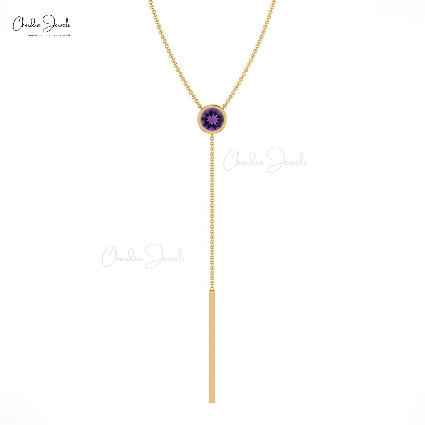 Genuine 0.15ct Amethyst Drop Chain Necklace 14k Solid Gold Bezel Set Lariat Necklace