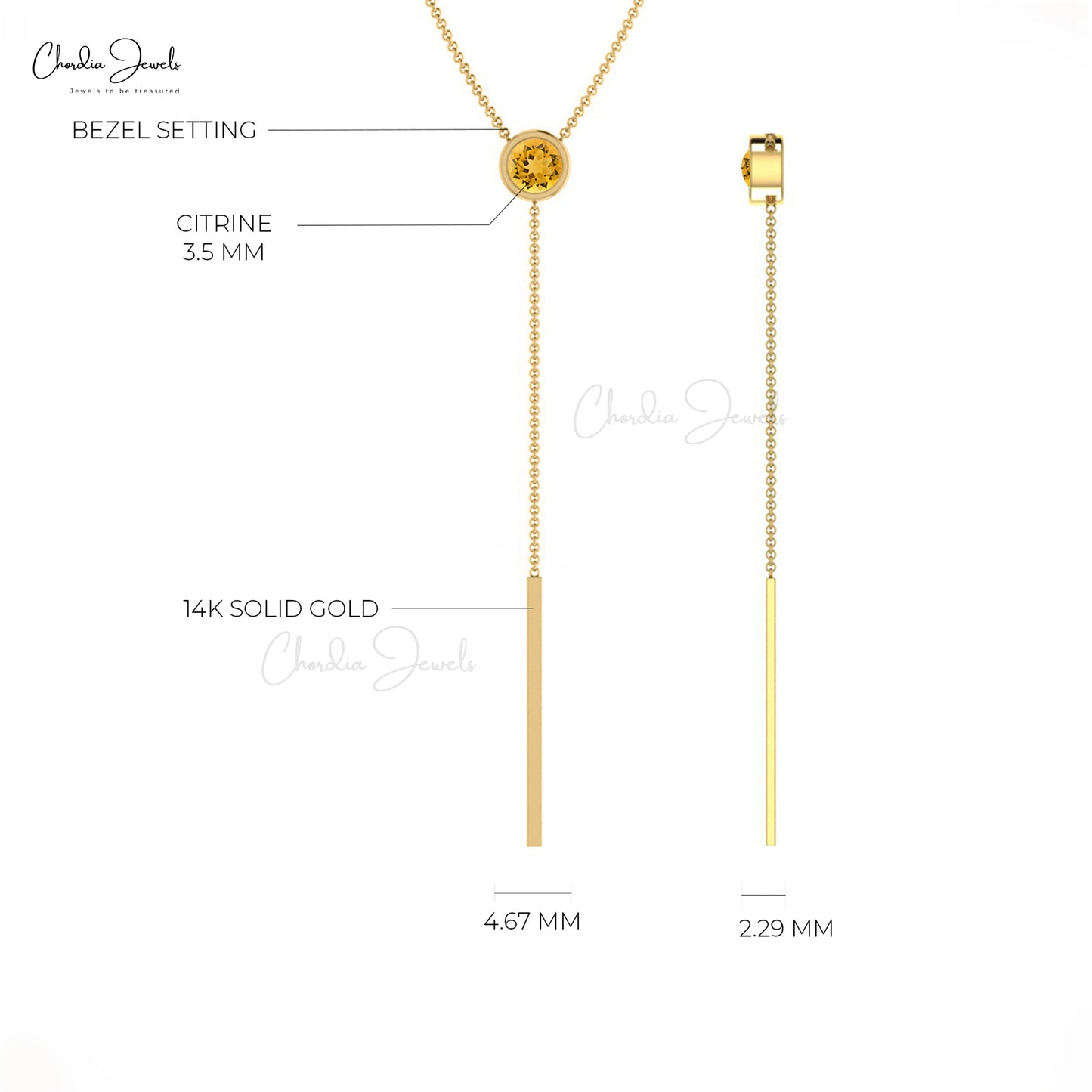 Delicate Citrine November Birthstone Lariat Necklace 3.5m Round Cut Natural Gemstone 14k Real Gold Grace Jewelry For Bridal