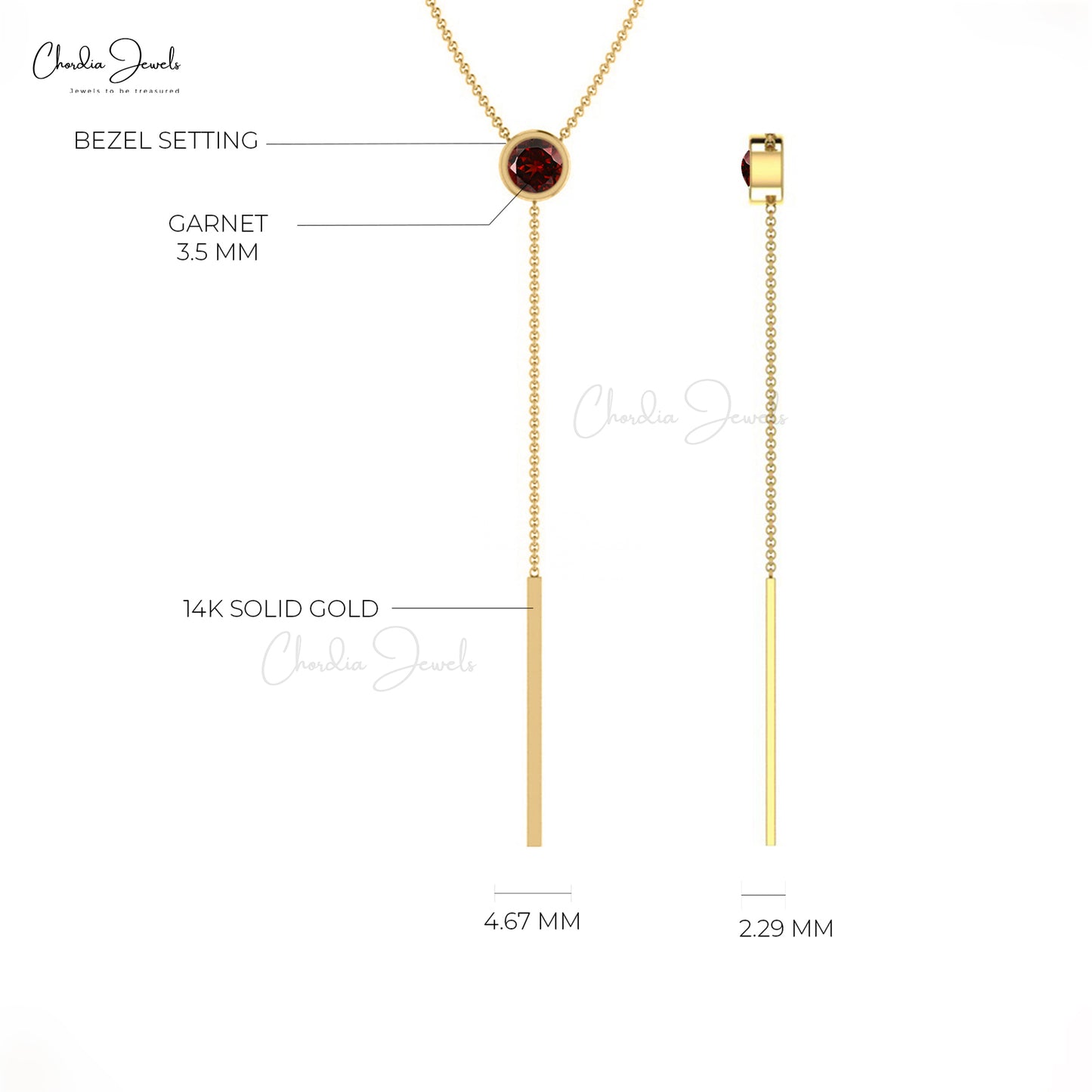 Authentic Garnet 14k Solid Gold Chain Lariat Necklace For Women