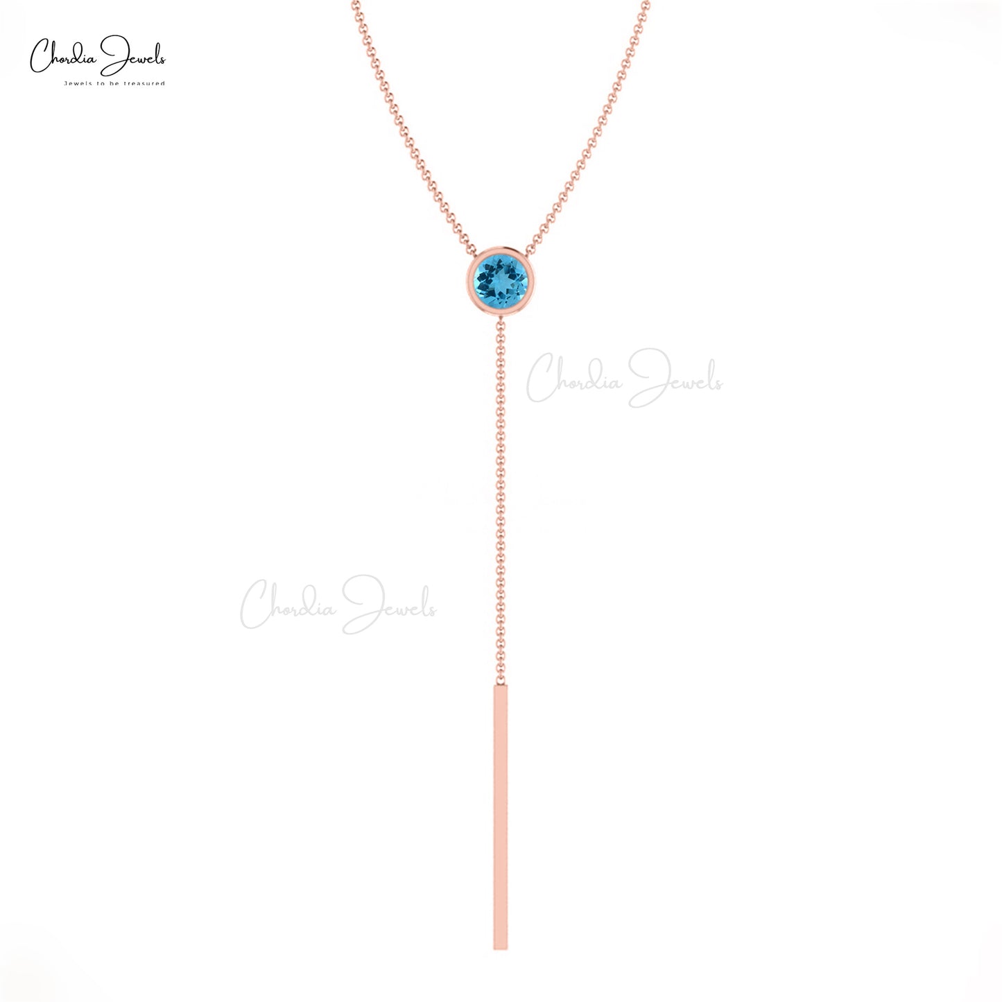 Real 14k Gold Y-Shaped Necklace With Swiss Blue Topaz Gemstone