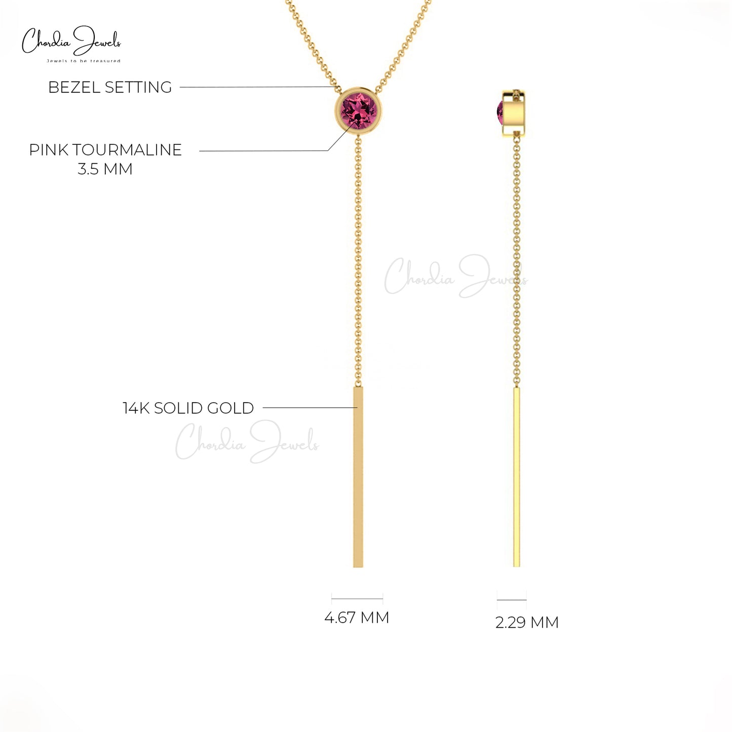 Real Pink Tourmaline Gemstone Lariat Necklace In 14k Gold