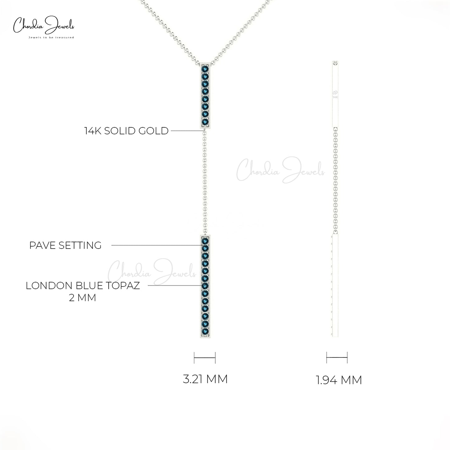 Long Drop Necklace With Natural London Blue Topaz 14K Solid Gold Lariat Bar Pendant Necklace