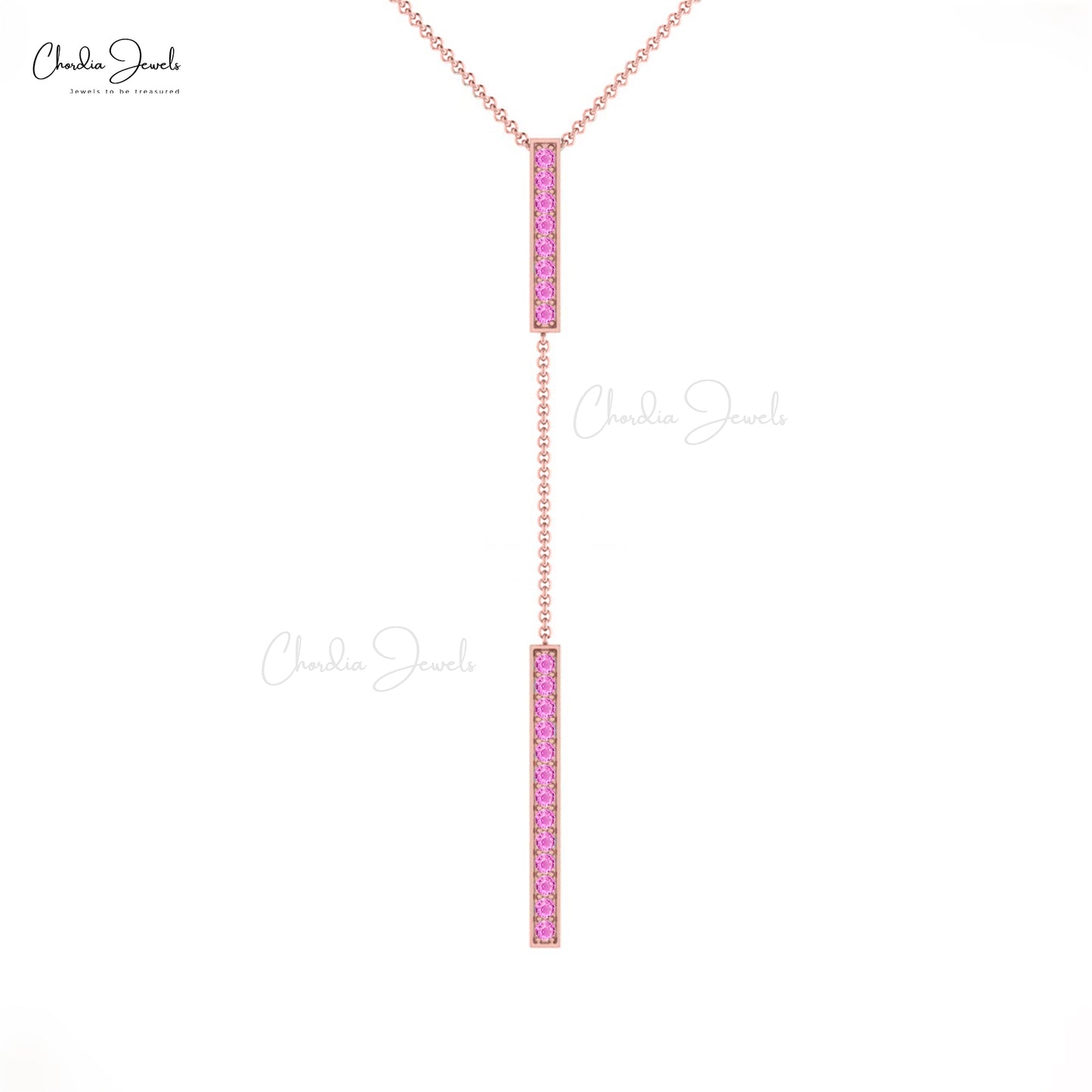 Real 14k Gold Drop Bar Necklace With Genuine Pink Sapphire