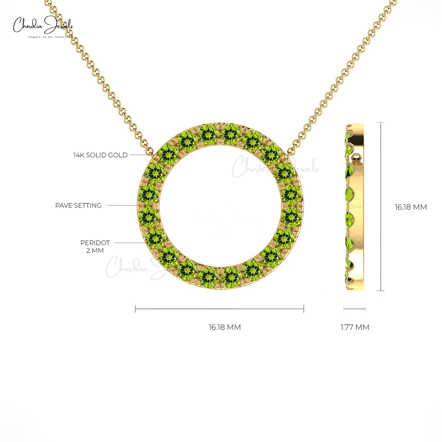 Natural Peridot Pave Set Circle Necklace 14k Real Gold 2mm Brilliant Round Cut Gemstone Dainty Necklace Jewelry For Women's